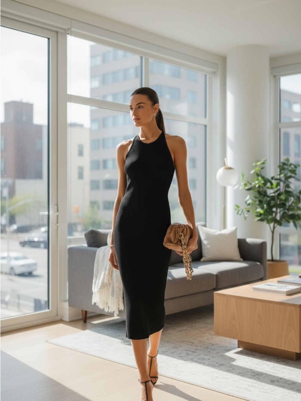 A.L.C. Black Ribbed Halter Midi Dress Sz L